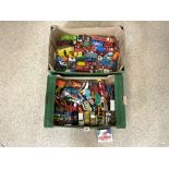A LARGE QUANTITY OF TOY VEHICLES - INCLUDES DINKY FLATBED TRUCKS, BEETLE AND MUCH MORE
