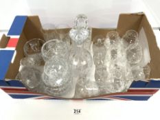 TWO CUT GLASS DECANTERS AND CUT GLASS DRINKING GLASSES, SOME WEBB
