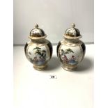 A PAIR OF DRESDEN PORCELAIN LIDDED VASES WITH PAINTED PANELS OF FIGURES AND FLORAL SPRAYS - AUGUSTUS