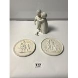 B & G COPENHAGEN FIGURE OF TWO CHILDREN, 18CMS (A/F) AND A PAIR OF ROYAL COPENHAGEN ROUNDALS