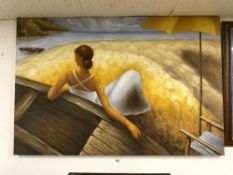 A LARGE UNFRAMED OIL ON CANVAS OF A LADY SITTING BY A BOAT SIGNED P. GRUNTER, 150 X 100CMS