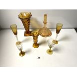 OCTAGONAL AMBER GLASS DECANTER, 26CMS, TWO AMBER GLASS VASES, AND FOUR DRINKING GLASSES