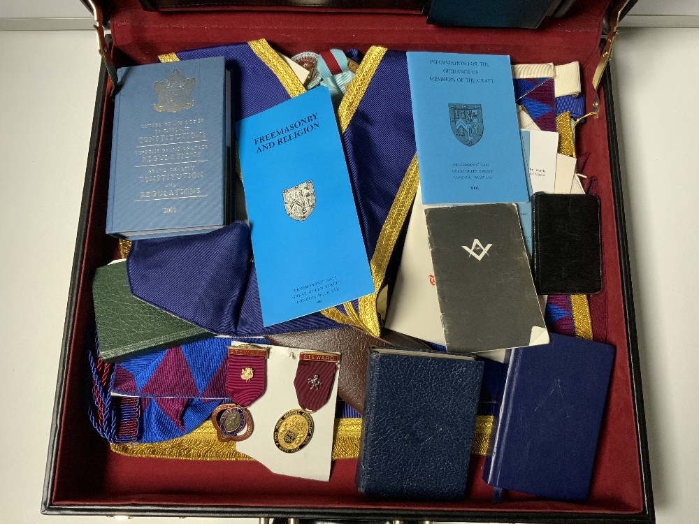 MASONIC APRON AND REGALIA, ALSO SOME MASONIC MEDALS (NONE GOLD OR SILVER) IN A BRIEFCASE - Image 2 of 14