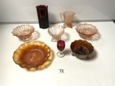 FOUR CARNIVAL GLASS BOWLS, AVON BOTTLE AND OTHER GLASSWARE