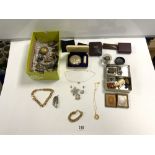 A VINTAGE TRIFARI STONE SET BROOCH AND EARRING SET, MIXED COSTUME JEWELLERY, LEATHER WATCHCASE, A