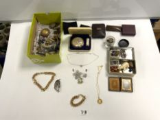A VINTAGE TRIFARI STONE SET BROOCH AND EARRING SET, MIXED COSTUME JEWELLERY, LEATHER WATCHCASE, A