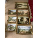 SIX MODERN OILS - COUNTRY SCENES AND A LATE 19TH CENTURY OIL OF FIGURES BY RIVER, THE LARGEST 95 X