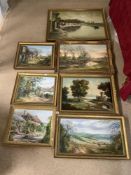 SIX MODERN OILS - COUNTRY SCENES AND A LATE 19TH CENTURY OIL OF FIGURES BY RIVER, THE LARGEST 95 X