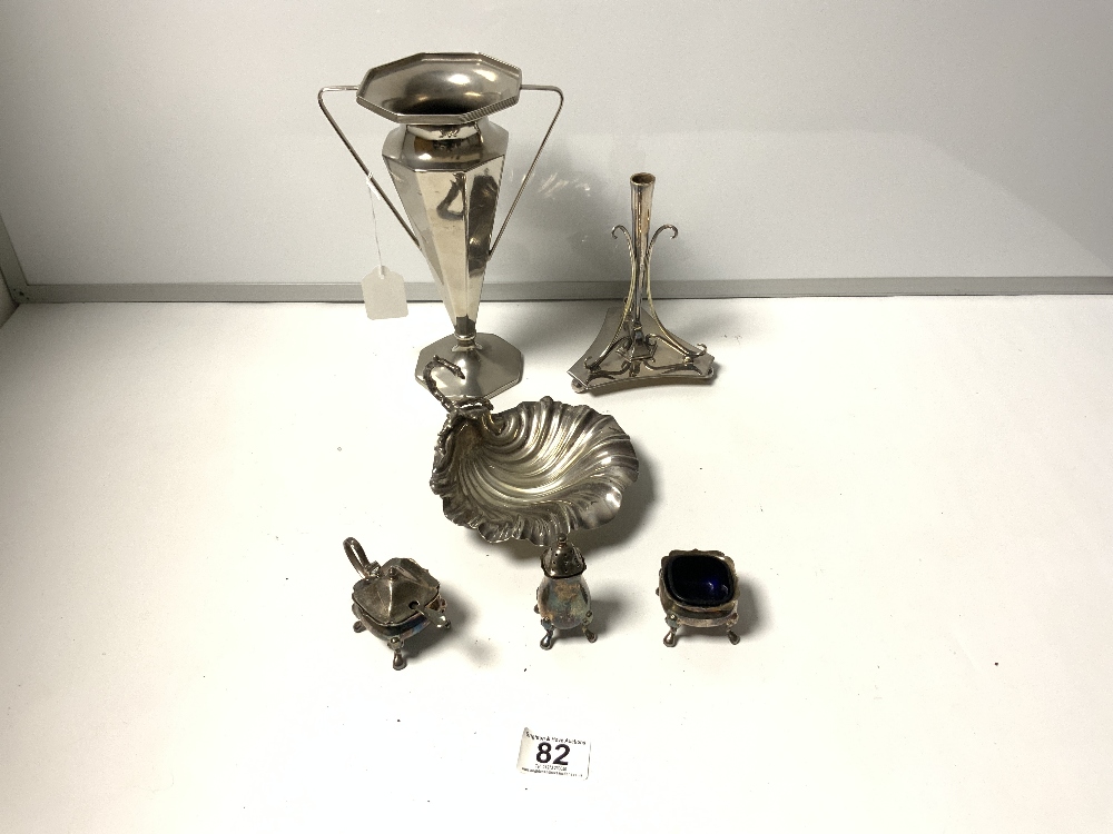 A SILVER-PLATED OCTAGONAL TWO HANDLED VASE, A SILVER PLATED POSY HOLDER, SHELL SHAPE DISH, AND A