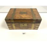 A VICTORIAN BURR WALNUT BRASS BOUND WRITING BOX WITH LEATHER SLOPE INSIDE (GOOD QUALITY), 35 X