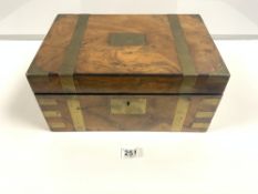 A VICTORIAN BURR WALNUT BRASS BOUND WRITING BOX WITH LEATHER SLOPE INSIDE (GOOD QUALITY), 35 X