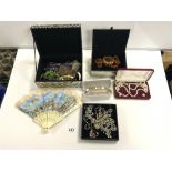 A QUANTITY OF COSTUME JEWELLERY, WRIST WATCHES, FAN ETC