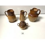 THREE ROYAL DOULTON STONEWARE HARVEST JUGS, THE LARGEST 17CMS, AND A DOULTON STONEWARE TWO HANDLE