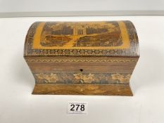 A 19TH CENTURY ROSEWOOD TUNBRIDGE WARE TEA CADDY WITH CASTLE DECORATION TO THE TOP WITH FLORAL