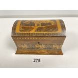 A 19TH CENTURY ROSEWOOD TUNBRIDGE WARE TEA CADDY WITH CASTLE DECORATION TO THE TOP WITH FLORAL