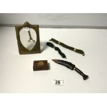 TWO VICTORIAN MISERS PURSES, A HORN HANDLE DAGGER, A BRASS PHOTO FRAME AND A ROSEWOOD BOX