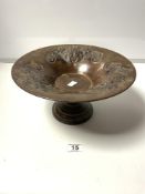 ART NOUVEAU PAINTED EMBOSSED BRASS CIRCULAR COMPORT ON PEDESTAL, 30CMS