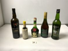 A BOTTLE OF BENEDICTINE LIQUOR, BOTTLE OF BRANDY, TAYLORS RESERVE POST, GINGER WINE AND BITTERS