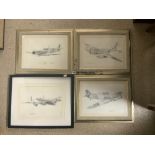 FOUR PRINTS IN PENCIL DRAWINGS OF WWII AIRCRAFT BY MCNEIL - JONES, THE LARGEST 54 X 44CMS
