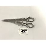 A PAIR OF HEAVY HALLMARKED SILVER GRAPE SCISSORS, CAST WITH FRUITING VINES AND FOXES, SHEFFIELD