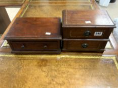 A LATE VICTORIAN SINGLE MAHOGANY DRAWER, 32 X 20 X 15CMS AND AN EDWARDIAN SMALL TWO DRAWER CHEST