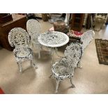 ALUMINUM ORNATE TABLE WITH MATCHING FOUR CHAIRS