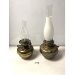 TWO VICTORIAN BRASS OIL LAMP FONTS-WITH GLASS FLUMES