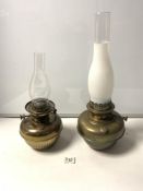 TWO VICTORIAN BRASS OIL LAMP FONTS-WITH GLASS FLUMES