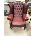 VINTAGE OXBLOOD RED CHESTERFIELD WING BACK ARMCHAIR