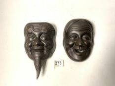 ANTIQUE IRON JAPANESE NOH MASK WITH BEARD (13.5CM X 22CM), ANOTHER NOH MASK SMILING (13.1CM X 17.