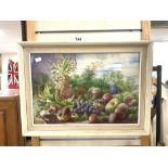 W. H WOODS, WATERCOLOUR, DRAWING STILL LIFE FRUIT IN A LANDSCAPE SIGNED, FRAMED AND GLAZED, 33 X