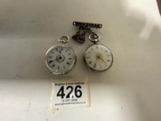 TWO VICTORIAN HALLMARKED SILVER ENGRAVED FOB WATCHES ONE WITH BLUE TINT ENAMEL