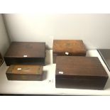 A VICTORIAN WALNUT SEWING BOX, MAHOGANY WRITING BOX, ANOTHER AND OAK GLOVE BOX