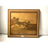 AN INLAID MARQUETRY PANEL OF A FORTRESS OVERLOOKING A TOWN/RIVER SCENE, 56 X 50CM