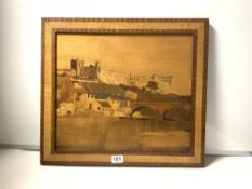 AN INLAID MARQUETRY PANEL OF A FORTRESS OVERLOOKING A TOWN/RIVER SCENE, 56 X 50CM
