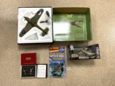 CORGI, WWII HAWKER HURRICANE MARK I, FORCES OF VALOR TANK, MODEL OF THE SPITFIRE AND BRITAINS