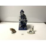 A STAFFORDSHIRE BLUE & WHITE FIGURE OF A COBBLER, 33CMS, NAO GROUP SWANS, AND PORCELAIN TIGER