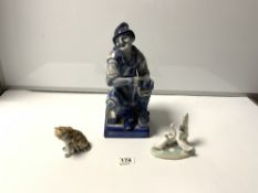 A STAFFORDSHIRE BLUE & WHITE FIGURE OF A COBBLER, 33CMS, NAO GROUP SWANS, AND PORCELAIN TIGER