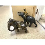 TWO PLASTER FIGURES OF ELEPHANTS, ONE WITH RIDER, 26CMS