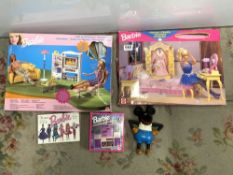 BARBIE BOXED BEDROOM SET AND FAMILY ROOM SET ENTERTAINMENT CENTRE AND MIKEY MOUSE TOY