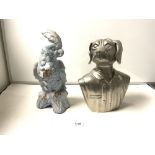 A BLUE CRACKLE GLAZED CERAMIC PARROT, 40CMS, AND A MODERN SILVERED BUST OF A DOG IN JACKET, 35CMS