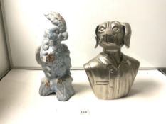A BLUE CRACKLE GLAZED CERAMIC PARROT, 40CMS, AND A MODERN SILVERED BUST OF A DOG IN JACKET, 35CMS