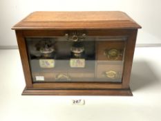 VICTORIAN GLAZED OAK FITTED DESK- WRITING CABINET WITH THREE DRAWERS AND A PAIR OF FLORAL
