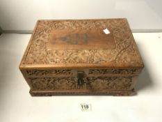 AN EARLY 20TH CENTURY HEAVILY CARVED EASTERN JEWEL BOX WITH TWO SECTIONS TO INTERIOR, 38 X 26 X