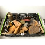 A QUANTITY OF WOODEN SHOE TREE'S, A PAIR OF COWBOY BOOTS, METAL WARE ETC