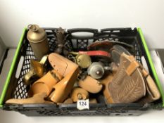 A QUANTITY OF WOODEN SHOE TREE'S, A PAIR OF COWBOY BOOTS, METAL WARE ETC