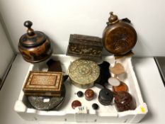 VINTAGE TINS, WOODEN BOXES, A WOODEN WATER FLASK ETC