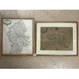 TWO FRAMED AND GLAZED MAPS, ONE OF JERSEY BY PHILIP DUMARE SQ AND STAFFORDSHIRE ROB MORDEN, THE