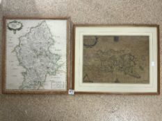 TWO FRAMED AND GLAZED MAPS, ONE OF JERSEY BY PHILIP DUMARE SQ AND STAFFORDSHIRE ROB MORDEN, THE