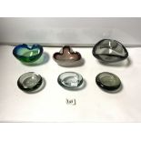 SIX SCANDINAVIAN 1960S GLASS SHAPED BOWLS, THE LARGEST 18CMS